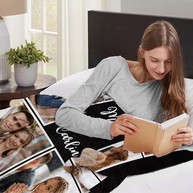 Custom Sherpa Fleece Blanket With Photos and Text - Soft Warm Fuzzy Personalized Couples Gift for Boyfriend Girlfriend - Customized Picture Blanket for Birthday Christmas - Ships Next Day