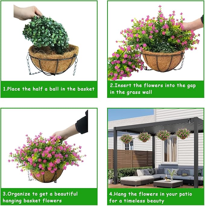 Artificial Hanging Flowers Basket, 12 UV-Resistant Bundles of Realistic Fake Flowers, Faux Plants for Outdoor Decor, Home, Garden, Porch, Patio, Spring & Summer Decorations, Pink