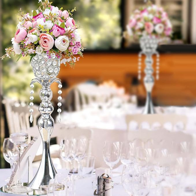 6Pcs Silver Crystal Metal Vase Set - Tulip & Trumpet Wedding Centerpieces, Artificial Flower Arrangement Vases Bulk for Home Decor, Restaurant Table Displays