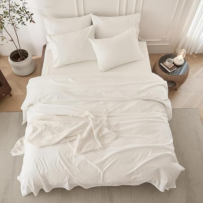 6PS Linen Like Bedding Sheet Sets Off White King Size Cotton Bedding Set Oeko-TEX Standard 100% Washed Cotton Deep Pocket King Size Fitted Sheet Plus Cozy Flat Sheet and 4 Pillowcases