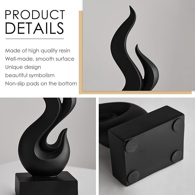 FJS Black Abstract Flame Statue for Home Decor, Modern Decorations for Living Room Shelf Accents, Resin Sculpture for Dining Room Office Coffee Table Centerpiece