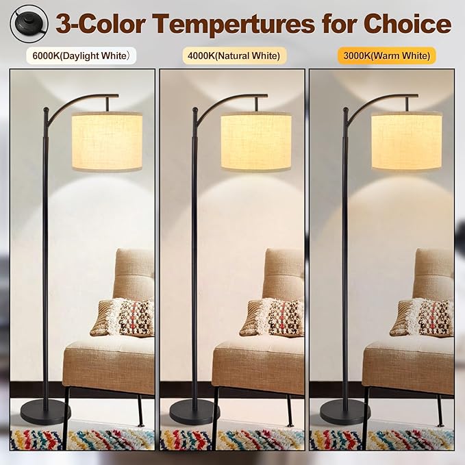 DLLT Modern Arc Floor Lamp, Farmhouse Standing Floor Lamps with Lantern Lampshade, Industrial Tall Reading Light for Bedroom Living Room Office Study, 3 Color Temperatures, Black, 8W Bulb Included