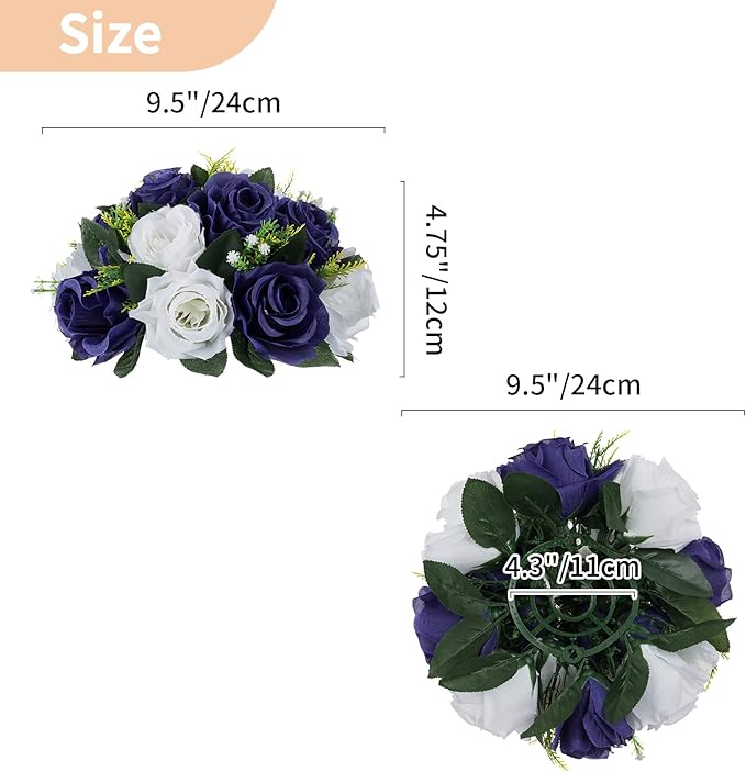 NUPTIO Artificial Flower Centrepieces for Tables - 10 Pcs Navy Blue & White Fake Flowers Roses Balls 9.5in Diameter - Silk Faux Rose Arrangement for Wedding Party Centerpiece Table Decorations