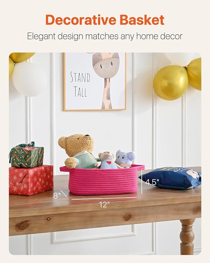 KALLAX Small Woven Basket, 12 x 8 x 4.5 Inches, Small Storage Baskets for Organizing, Gift Baskets Empty, Cute Rope Shelf Closet Storage Bins for Shelves, Dog Toy Basket, 3 Packs, Hot Pink