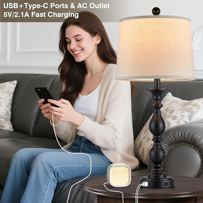 28" Tall Modern Table Lamps Set of 2 with USB C+A Ports and AC Outlet, 3 Way Touch Metal Bedside Lamps for Living Room, Black Farmhouse Nightstand Lamps for Bedroom
