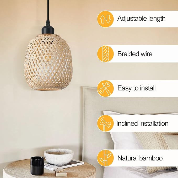 TERLEENART Hanging Light Fixture Set of 2, Mid Century Bohemian Rattan Bamboo Pendant Lighting,Torus Basket Woven Ceiling Chandelier for Kitchen Island Dinning Room Living Room Bedroom Nightstand