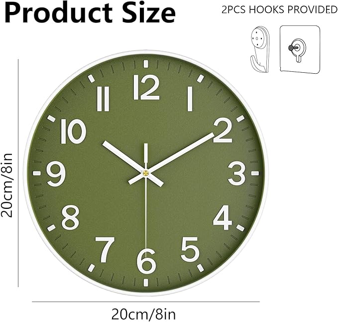 Wall Clock, 8 Inch Wall Clocks Battery Operated, Modern Non Ticking Silent Digital Analog Small Wall Clock for Bedroom Living Room Kitchen Office Gym Classroom Outdoor Clocks, Olive Green