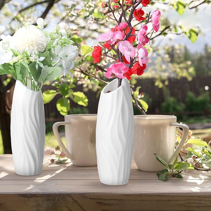 24 Pcs Composite Plastic Flower Vase Ceramic Look Decorative White Unbreakable Plastic Vases for Flower Centerpieces for Living Room Table Home Decor(Elegant Style)