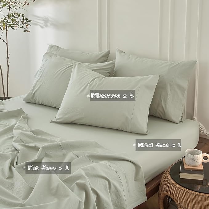 6PS Linen Like Bedding Sheet Sets Sage Green Queen Size Cotton Bedding Set Oeko-TEX Standard 100% Washed Cotton Deep Pocket Queen Size Fitted Sheet Plus Cozy Flat Sheet and 4 Pillowcases
