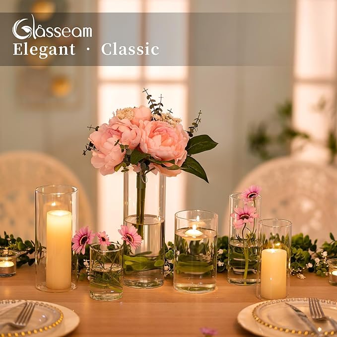 Glasseam Clear Cylinder Vases Set, 24Pcs Glass Vases for Centerpieces Bulk, Modern 2" Floating Candle Centerpieces for Decor, Hurricane Candle Holders for Wedding Table Decorations, Tall 4"+6"+8"