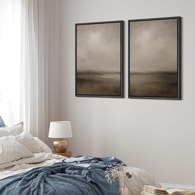 MUDECOR Framed Canvas Print Wall Art Abstract Brown and Taupe Modern Minimalist Misty Landscape Illustrations Modern Art Decorative Bohemian for Living Room, Bedroom, Office - 24"x36"x2 Black