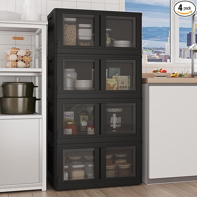 FLEXIMOUNTS 304 QT Stackable Storage Bins With Lids, Collapsible Plastic Storage Bins, Closet Organizers and Storage Containers with Doors and Built-in Wheels For Home, 4 Pack Cubes, Black