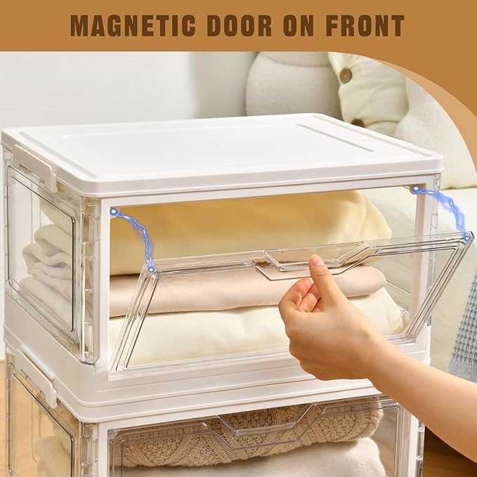 Collapsible Plastic Storage Bins with WheelsClear Stackable Storage Bins with Lid Stackable Storage Bins with Open Door Folding Storage Bins Organizer for Closet Bedroom Living Room