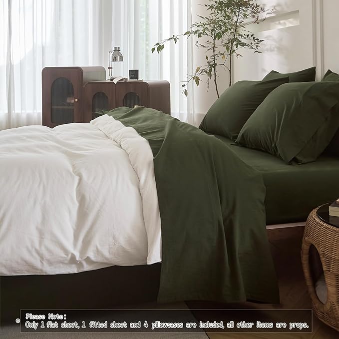 6PS Linen Like Bedding Sheet Sets Olive Green Queen Size Cotton Bedding Set Oeko-TEX Standard 100% Washed Cotton Deep Pocket Queen Size Fitted Sheet Plus Cozy Flat Sheet and 4 Pillowcases