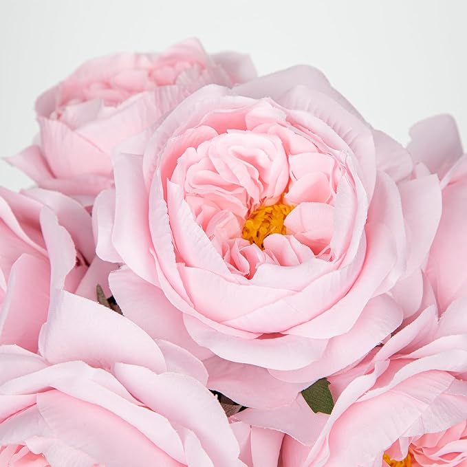 Hollyone Pink Roses Peonies Artificial Flowers with Glass Vase Silk David Austin Roses Faux Flowers Arrangements with Clear Faux Water in Vase Fake Peonies Rose Peony Floral Bulk Bouquet Home Decor