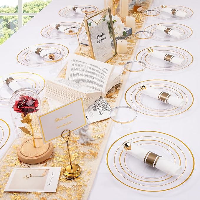 DaYammi 350PCS Clear Gold Plastic Dinnerware Set for 50 Guests, Fancy Disposable Plates for Party, Include: 50 Dinner Plates, 50 Dessert Plates, 50 Pre Rolled Napkins with Gold Silverware, 50 Cups