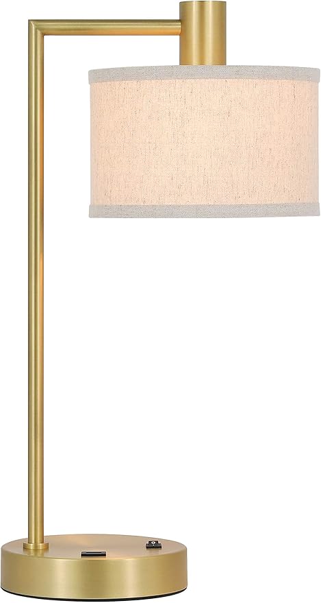 XiNBEi Lighting Table Lamp USB Desk Lamp with Fabric Shade, Modern Bedside Iron Lamp Satin Brass Finish for Bedroom Living Room & Office XB-TL1230-SB