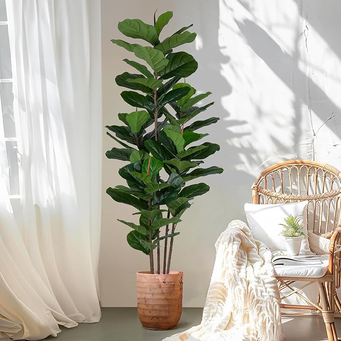 Faux Fiddle Leaf Fig Tree 6 FT - Artificial Ficus Tree with Tall Artificial Plants 69 Fiddle Leaves Greenery - Lifelike Fake Tree for Home Decor Living Room Indoor Outdoor
