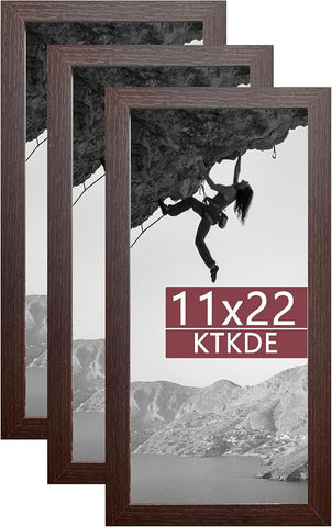 KTKDE 11x22 Poster Frame Woodgrain set of 3,11 by 22 Newspaper Frame with Polished Plexiglass,Studio Gallery Vertical & Horizontal Wall Hanging Large Picture Frame for Photos