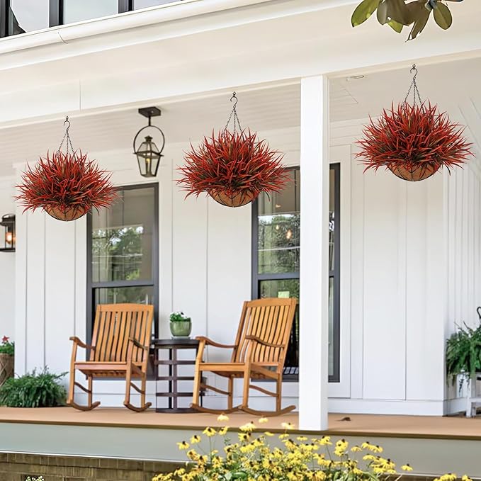 KHOYIME 2 Set Artificial Hanging Plants Basket for Outdoors Indoor, Faux Red Grass Baskets Fake Greenery Stems Planters UV Resistant Spring Summer Decor for Home Garden Porch Balcony Patio Yard