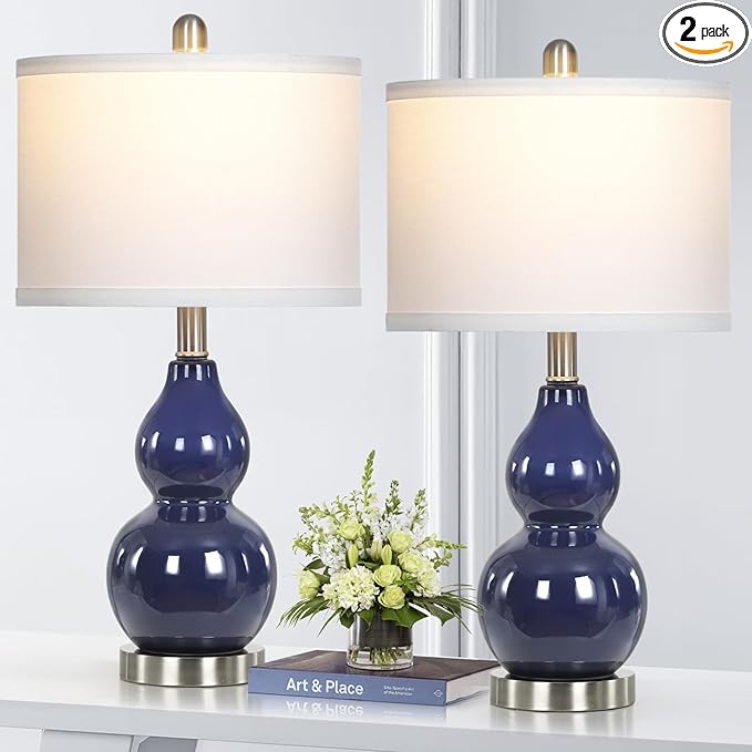 Double Gourd Ceramic Table Lamps Set of 2, Modern Navy Blue Bedside Lamps for Night Stand, Contemporary Nightstand Lamps for Bedroom Living Room (Bulb Included)