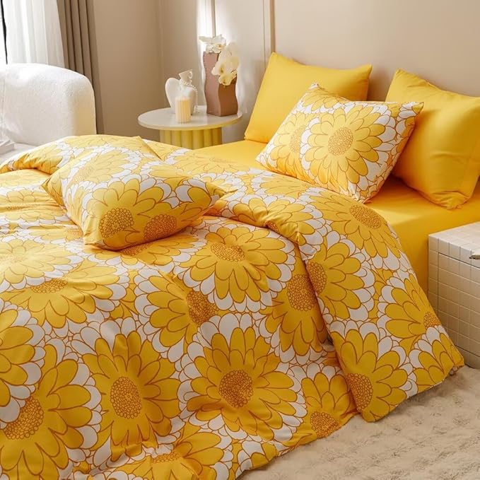 CLOTHKNOW Yellow White Sunflower Twin/Twin XL Comforter Set 3Pcs Floral Bedding Comforter Sets All Season Boho Comforter with 2 x Pillow Cases