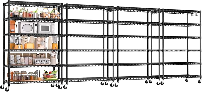 PrimeZone 4 Pack 6 Tier Wire Shelving with Wheels,Metal Shelf Heavy Duty Adjustable Kitchen Storage Shelves Unit, Pantry Organizer Rack Rolling for Garage Closet Laundry 36" W x 16" D x 79" H