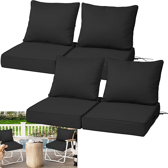 Waterproof Outdoor Chair Cushion Set of 4, 19x19x4 IN Deep Seat Patio Cushions with Fade Resistant Removable Cover,Outdoor Cushions for Patio Furniture with Ties&Handle for Chair Sofa Couch,Black