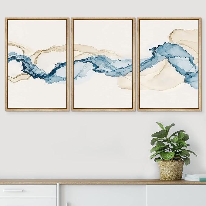 SIGNWIN Framed Canvas Print Wall Art Set Blue Tan Smoke Wave Landscape Abstract Shapes Illustrations Modern Art Decorative Contemporary Colorful for Living Room, Bedroom, Office - 16"x24"x3 Natural