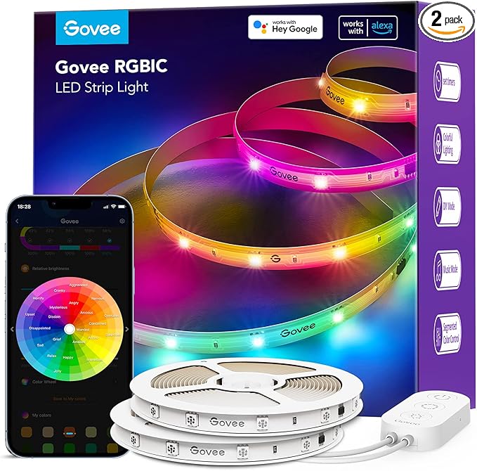 Govee Smart RGBIC LED Strip Lights 65.6ft, Alexa LED Light Strip Work with Google Assistant, Music Sync, DIY Multiple Colors on One Line, WiFi Color Changing Lights for Bedroom, Living Room, Holiday