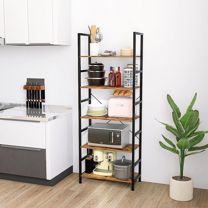 5 Tier Bookshelf Industrial Ladder Shelf Open Display Storage Rack Wood Bookcase with Metal Frame, Freestanding Storage Shelves for Home Office, Living Room, Bedroom, Kitchen (Rust Brown)