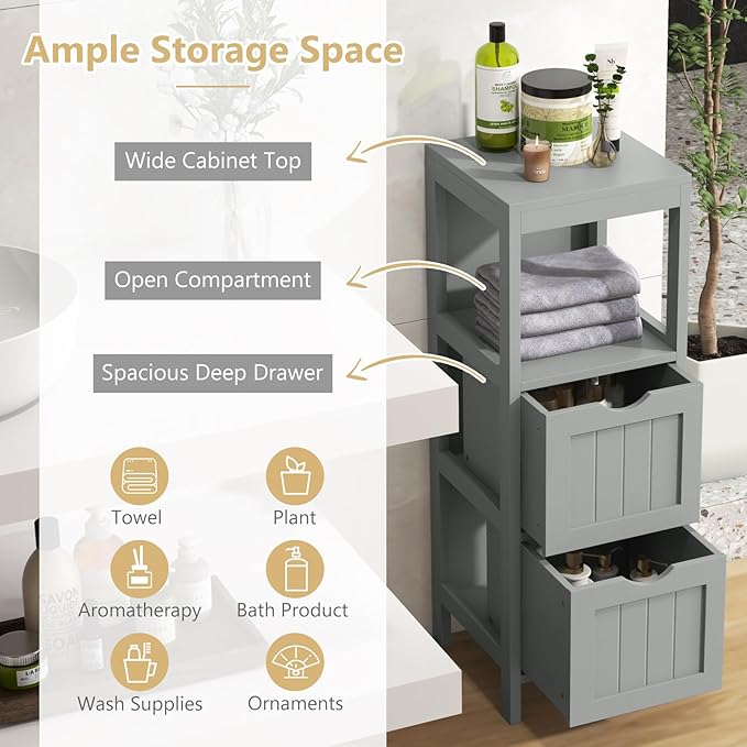 Tangkula Small Bathroom Storage Cabinet with 2 Removable Drawers, Wood Freestanding Floor Cabinet for Bathroom, Anti-Tipping Device, Side Corner Cabinet for Small Spaces (Grey)