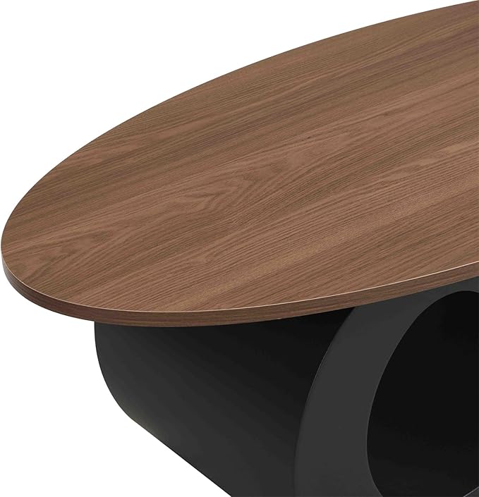 2 Piece Living Room Set, Modern Nest Coffee Table Set of 2, Wooden Brown Tabletop Oval Coffee and End Table Set with Black Metal Geometric Base