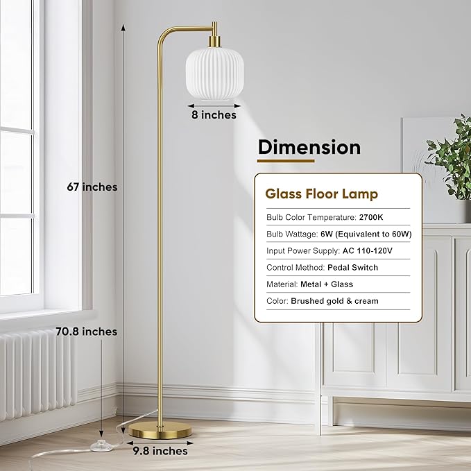 QiMH Glass Floor Lamp for Living Room, 67” Modern Standing Lamp with Cream Ribbed Glass Lampshade Pedal Switch Tall Lamp for Bedroom, Brushed Gold (2700K LED Bulb Included)