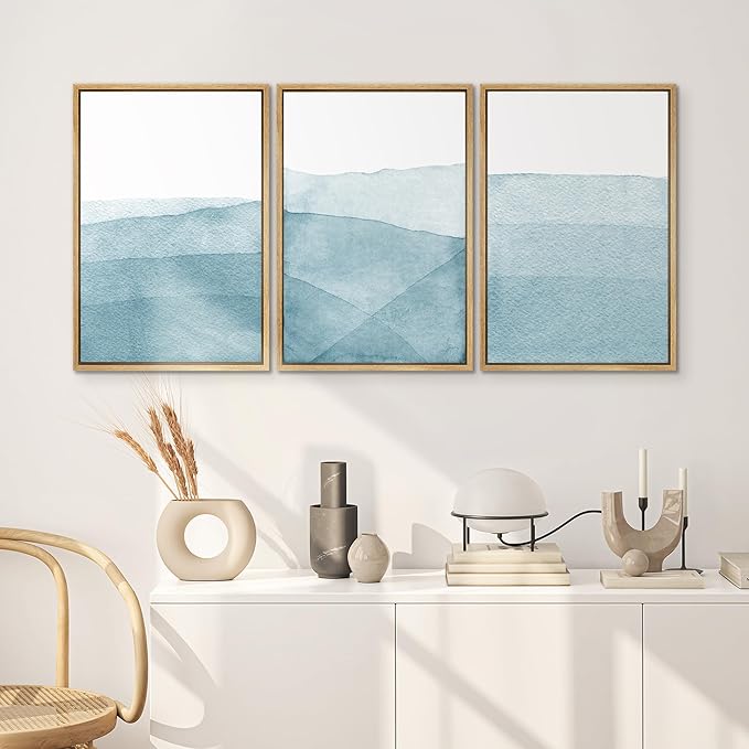SIGNWIN 3 Piece Framed Canvas Wall Art Blue Wash Brushstroke Watercolor Nature Wilderness Illustrations Abstract Traditional Home Artwork Decoration for Living Room,Bedroom - 16"x24"x3 Natural