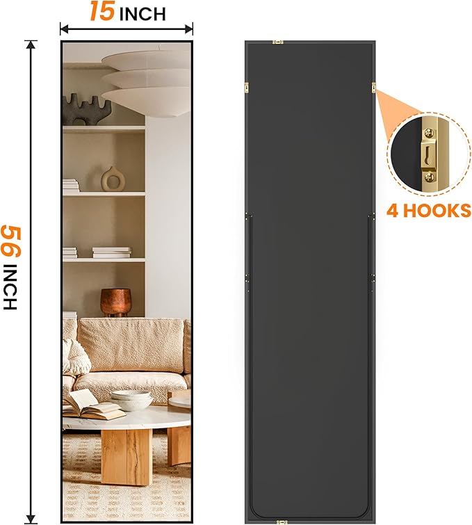 Full Length Mirror, Standing Large Floor Mirror with Aluminum Frame for Bedroom, Living Room, Bathroom(Black)