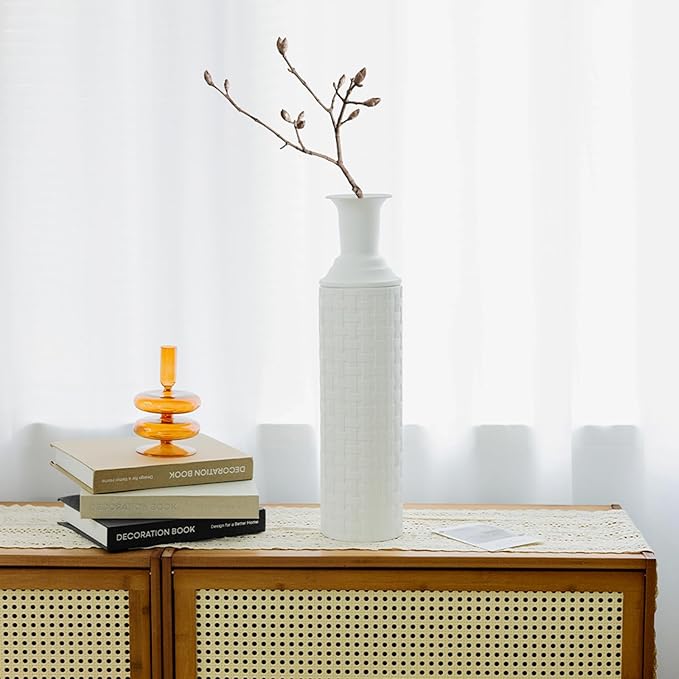 Tall Floor Vase for Pampas Grass, Extra Large Vase Decor, Set of 3 Floor Vases Decorative Tall Vases Home Decor, Metal Material, Handcrafted Rattan Pattern, Matte White