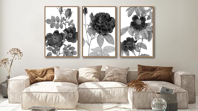 Large Framed Canvas Wall Art - Natural Float Framed Black Gray Flowers Pictures Decor Simple Blossom Leaves Botanical Artwork for Living Room Bedroom Kitchen Home Office Decoration 48" X 24" Set of 3