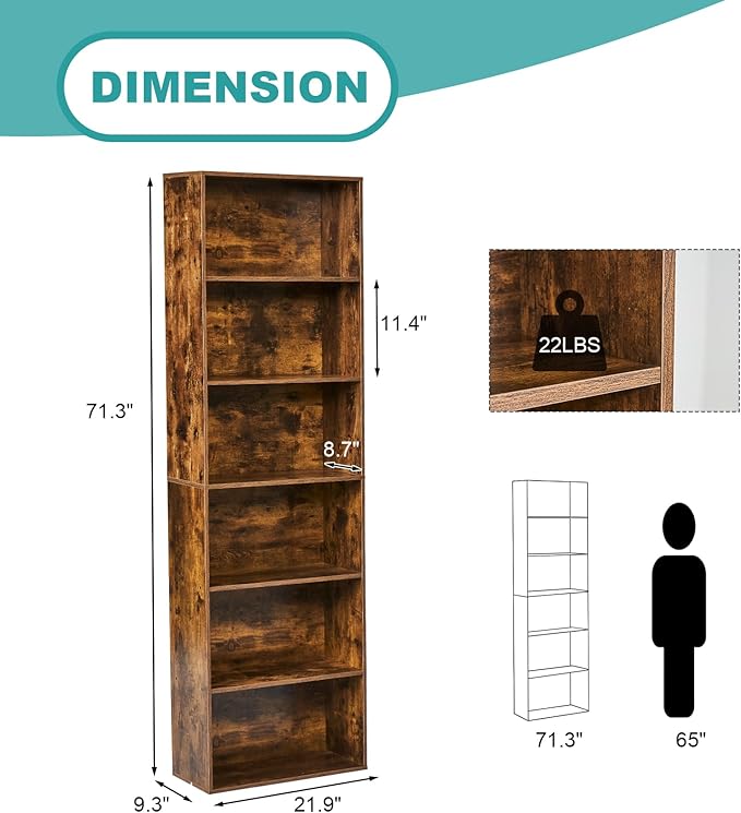 6-Tier Book Shelf, Floor Standing Open Bookcase, Wooden Display Storage Shelves with Anti-Tipping Device, 71" Tall Bookshelf for Bedroom, Living Room and Office, Brown