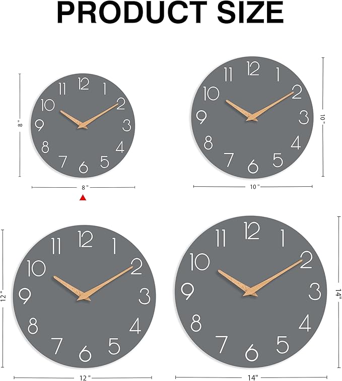 Wall Clock, Gray Silent Non-Ticking, Decorative Battery Operated Wall Clocks for Bedroom, Kitchen, Home, Office, School, Hotel (8 Inch)