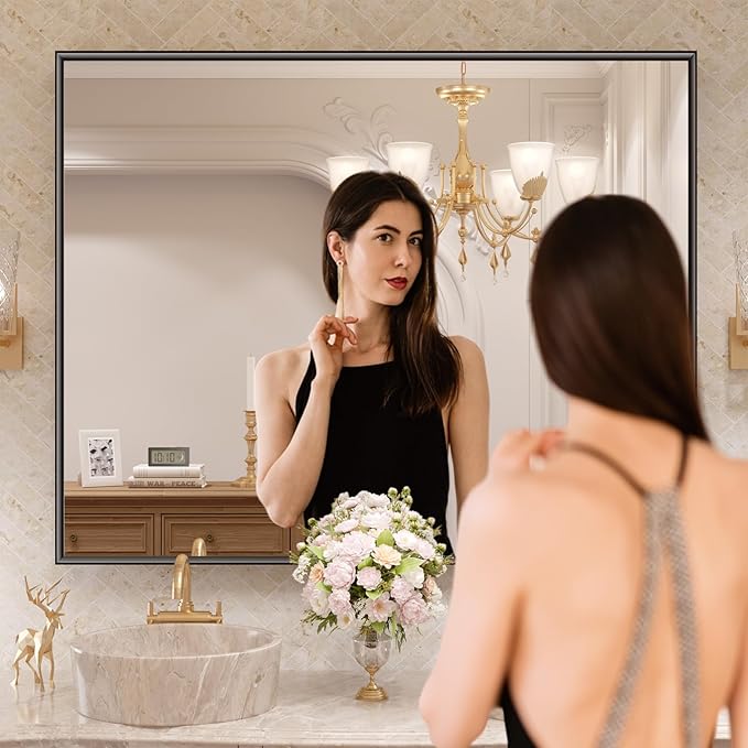 LOAAO Black Bathroom Mirror 40"X32" for Wall, Rectangle Bathroom Vanity Mirror, Tempered Glass, Hangs Vertically or Horizontally, Easy to Install, Modern Design
