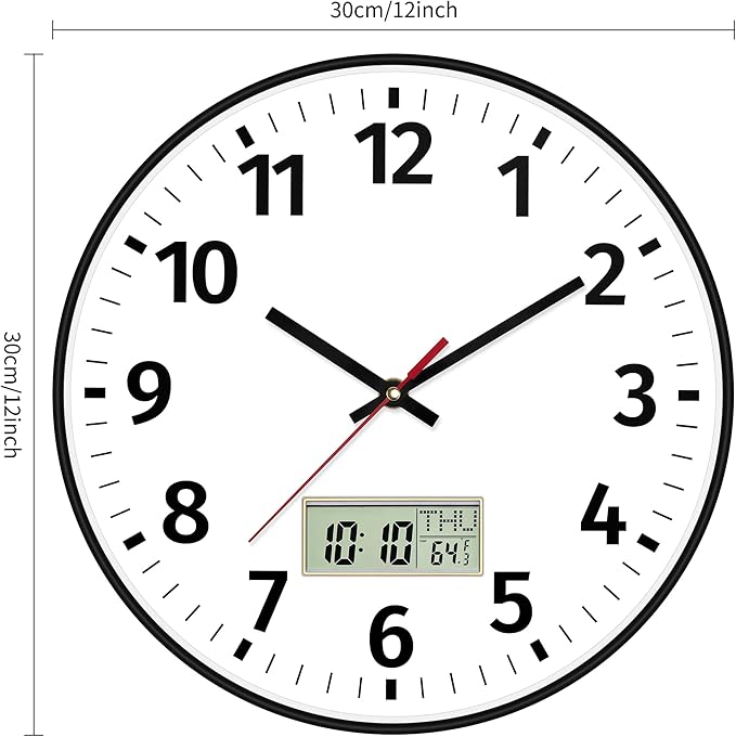 Foxtop Digital Wall Clock with Time, Day of Week and Temperature, Silent Non-Ticking Battery Operated Round Digital and Analog Wall Clock for Classroom Office Bedroom Home School (12 Inch, Black)