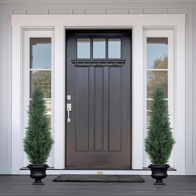4FT Artificial Cedar Tree - Realistic Faux Cedar Trees for Outdoor Planters - Fake Cypress Trees for Front Porch - Faux Evergreen Plants for Home Porch Decor - Set of 2