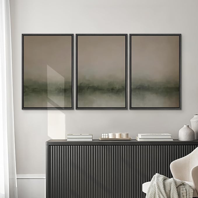 SIGNWIN Framed Wall Art Print Set Neutral Green Abstract Contemporary Misty Landscape Photography Modern Art Minimalist Closeup Dramatic for Living Room, Bedroom, Offic - 16"x24"x3 BLACK