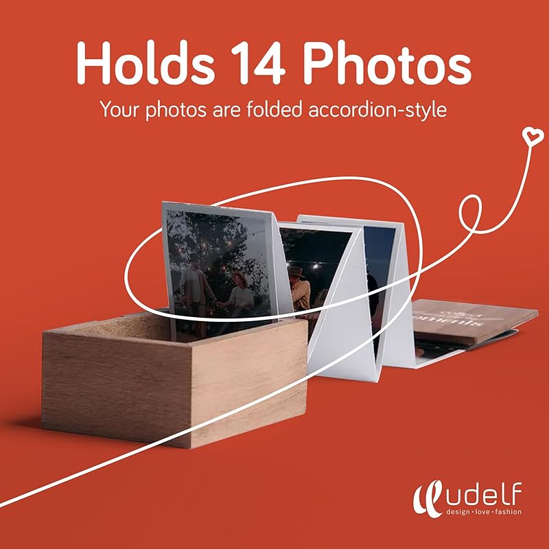 Personalized Wooden Photo Box Gift with Accordion Picture Pull Out | Custom Photo Album Box | Personalized Photo Box Gift for Any Occasion, Picture Box Gift I 14 Photo Prints, 3"x2" (Moments-Vertical)