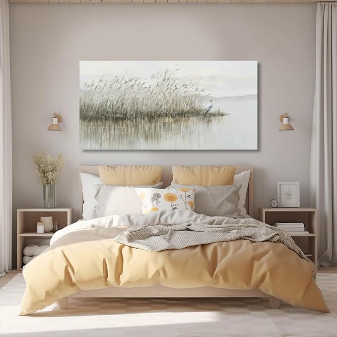 WINKAILIN Nature Canvas Art Grey and Green Paintings Reed Wall Decor for Living Room Animals Wall Art 24"x 48" Contemporary Prints for Dining Room Kitchen