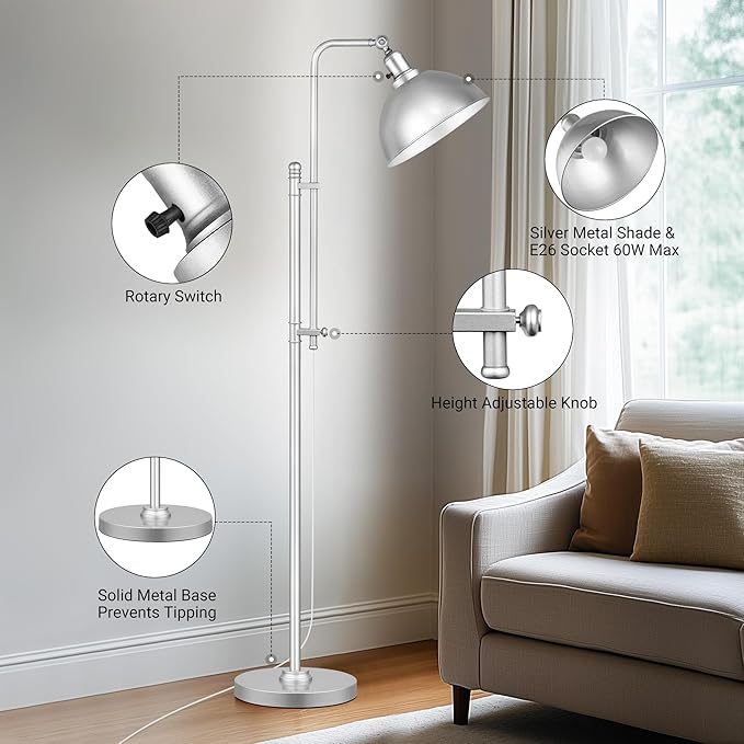 PARTPHONER Industrial Floor Lamp Adjustable, Farmhouse Reading Lamp in Silver Finish Modern Standing Lamp with Remote Control Metal Shade for Living Room Bedroom Study Room Office Hotel
