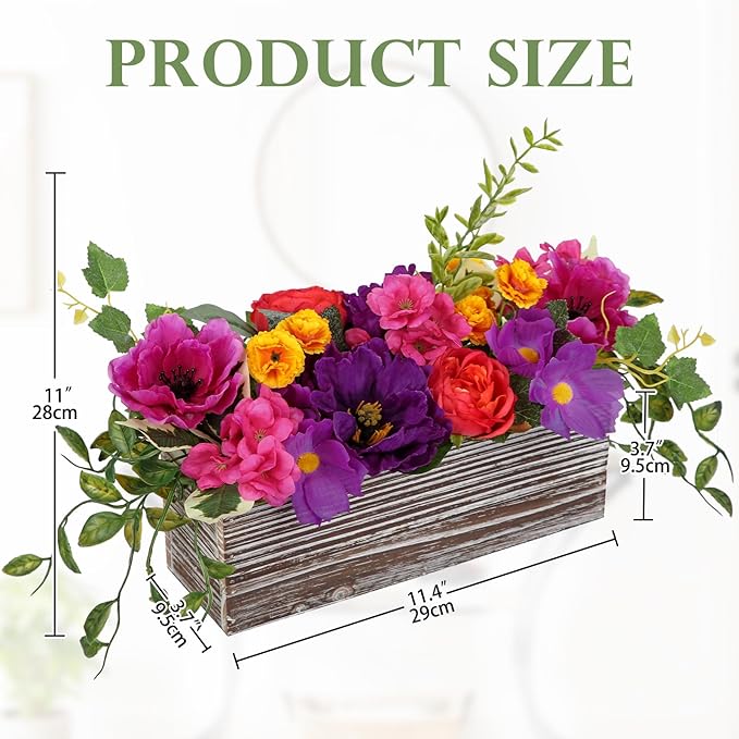 DILATATA Flower Arrangement with Wooden Vase 10" Artificial Flowers in Pot - Fake Flowers in White Rectangular Wooden Vase Potted Faux Flower Centerpieces for Table Decor Living Room - Purple