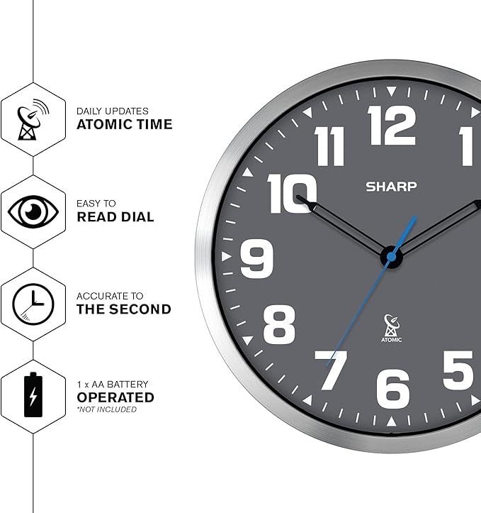 Sharp Atomic Analog Wall Clock - 12" Grey Face, Silver Brushed Finish - Sets Automatically- Battery Operated - Easy to Read - Easy to Use – Modern Design and Style