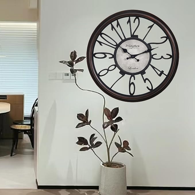 16 Inch Retro Black Wall Clock, Silent Non-Ticking Battery Operated Round Vintage Clock with Arabic Numerals,Decorative Living Room, Kitchen, Bedroom Decor